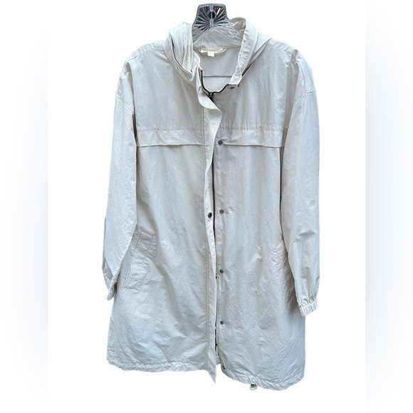 Eileen Fisher long zip & button up oversized raincoat rain jacket with hood bone - Picture 3 of 12